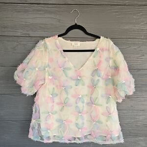 Umgee Pastel 3D Floral Sheer Blouse